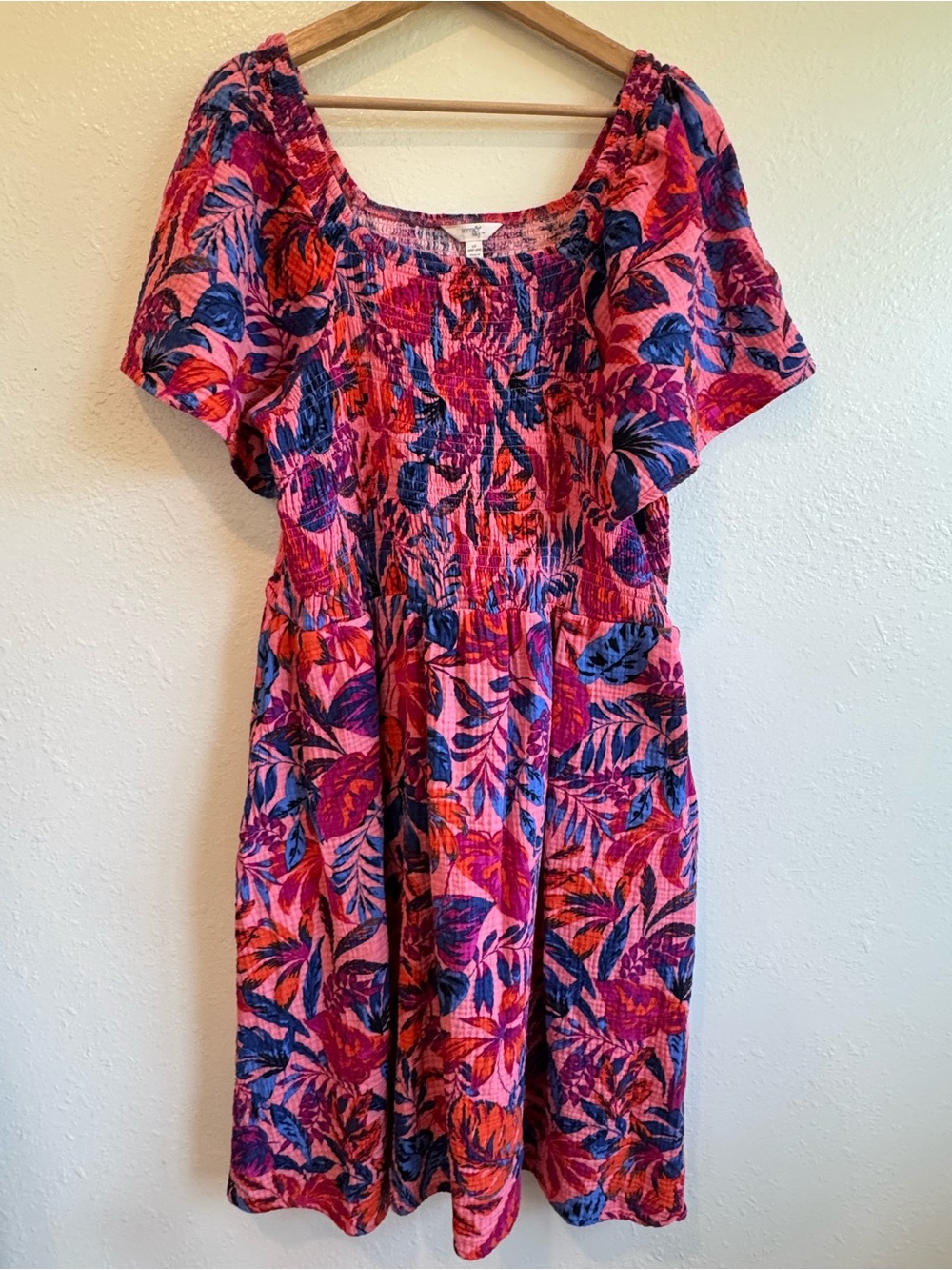 Terra & Sky 100% Cotton Pink & Blue Floral Smocked Dress with Pockets | 1X